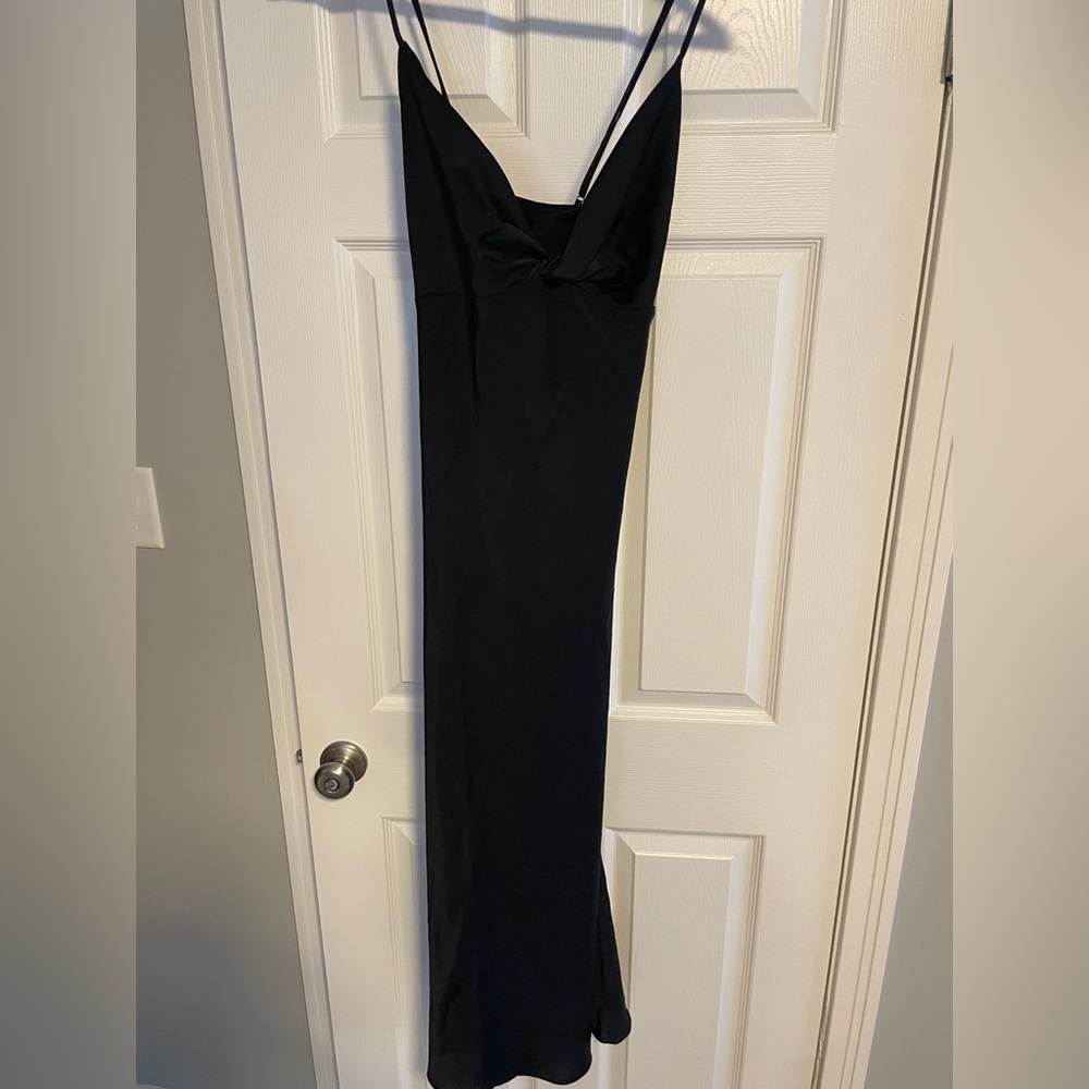 Midi Black Satin cocktail dress with keyhole in center. Worn once to a Gala!